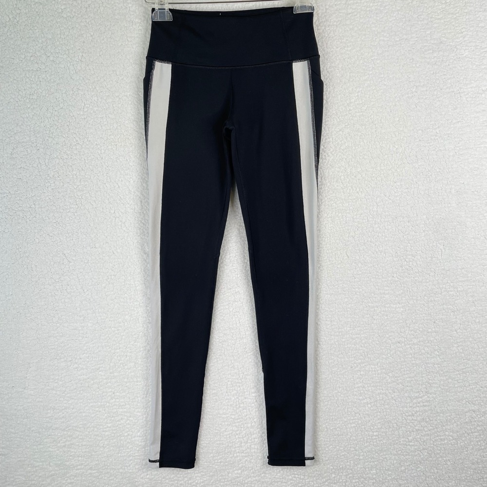 Victoria Sport Knockout High Rise Leggings Black Silver Stripe Pockets Small - Picture 2 of 9
